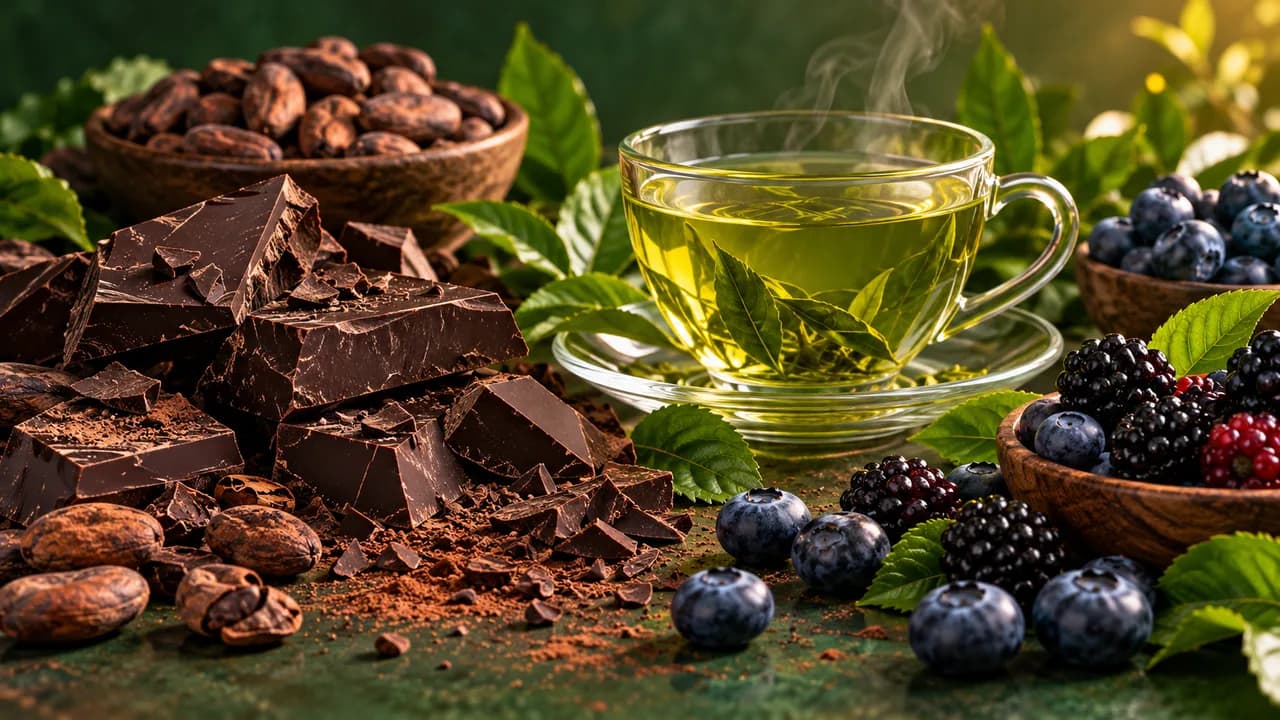 Immagine illustrativa per l’articolo: Polifenoli e salute vascolare: cioccolato, tè verde, frutti di bosco, vino rosso