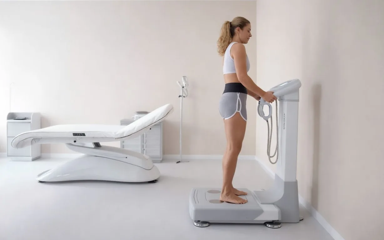 Analisi BIA segmentale della composizione corporea in studio: paziente sulla pedana con le impugnature