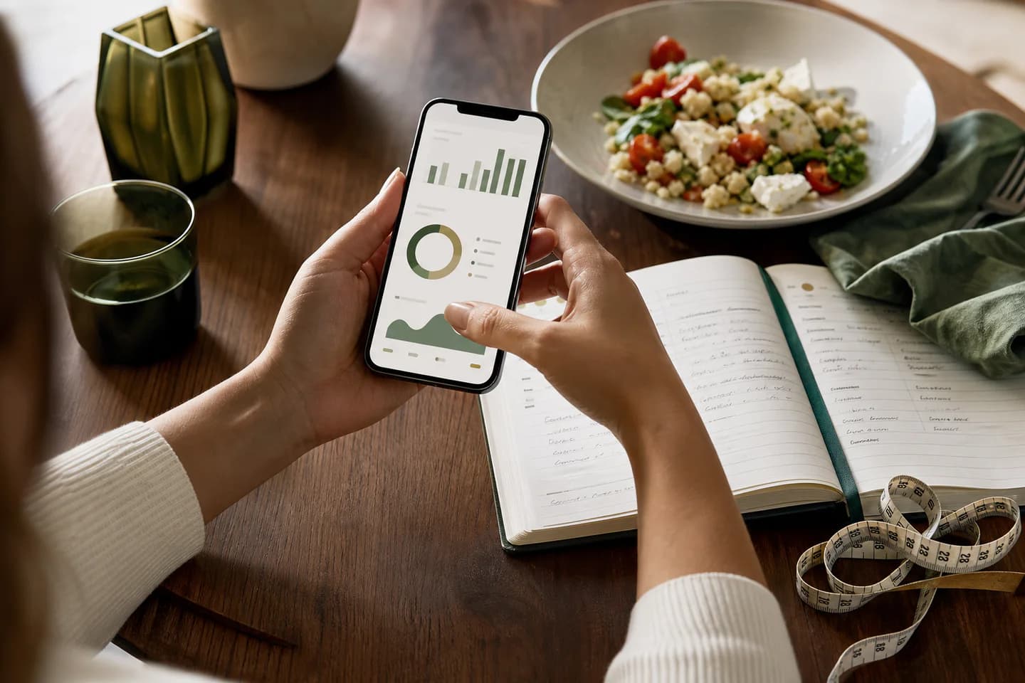 Monitoraggio del percorso nutrizionale con smartphone, diario e pasto mediterraneo
