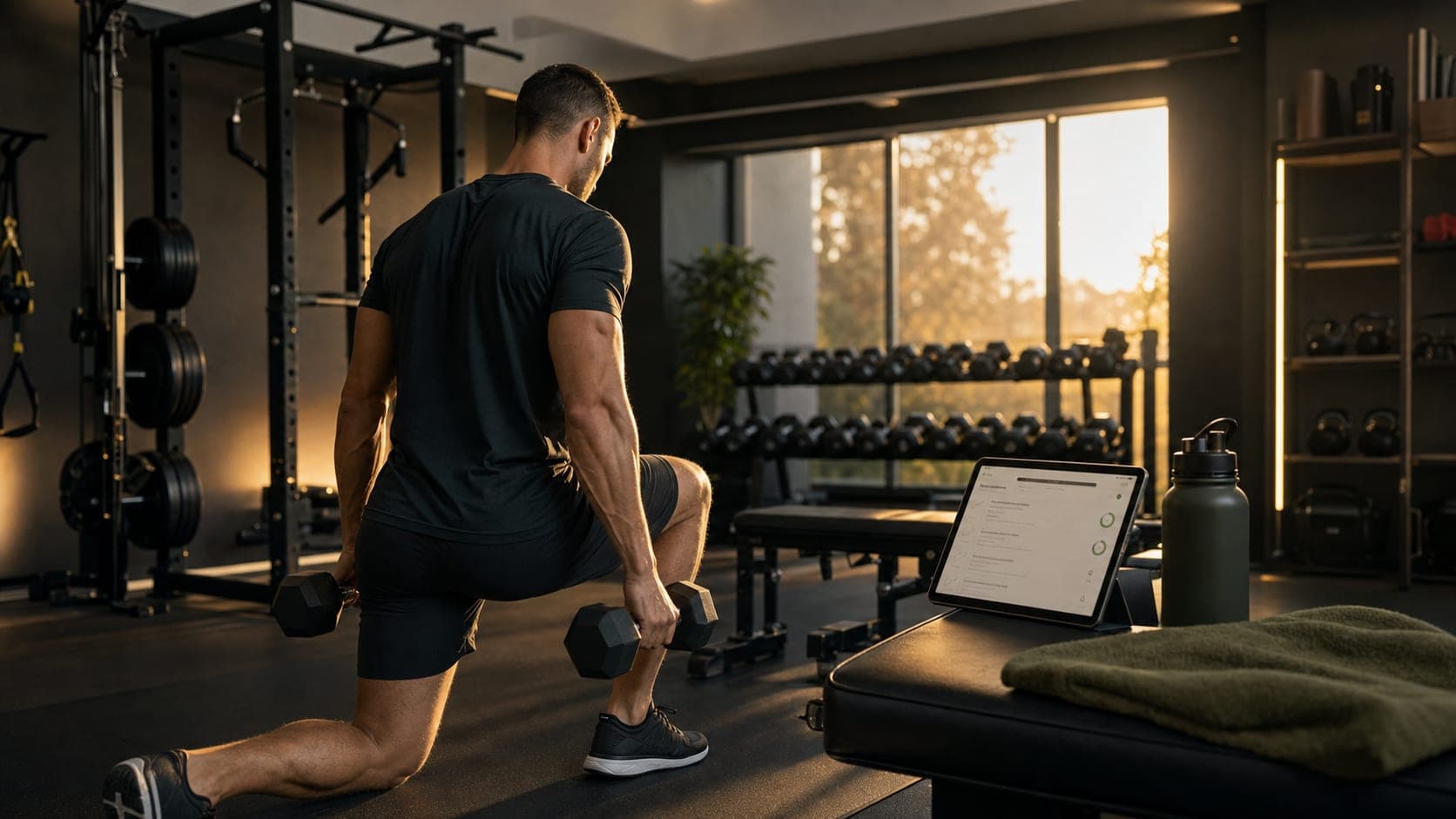 Persona che si allena in palestra con piano su tablet