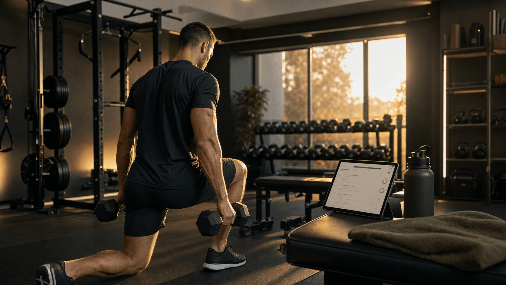 Allenamento contro resistenza in palestra con piano su tablet