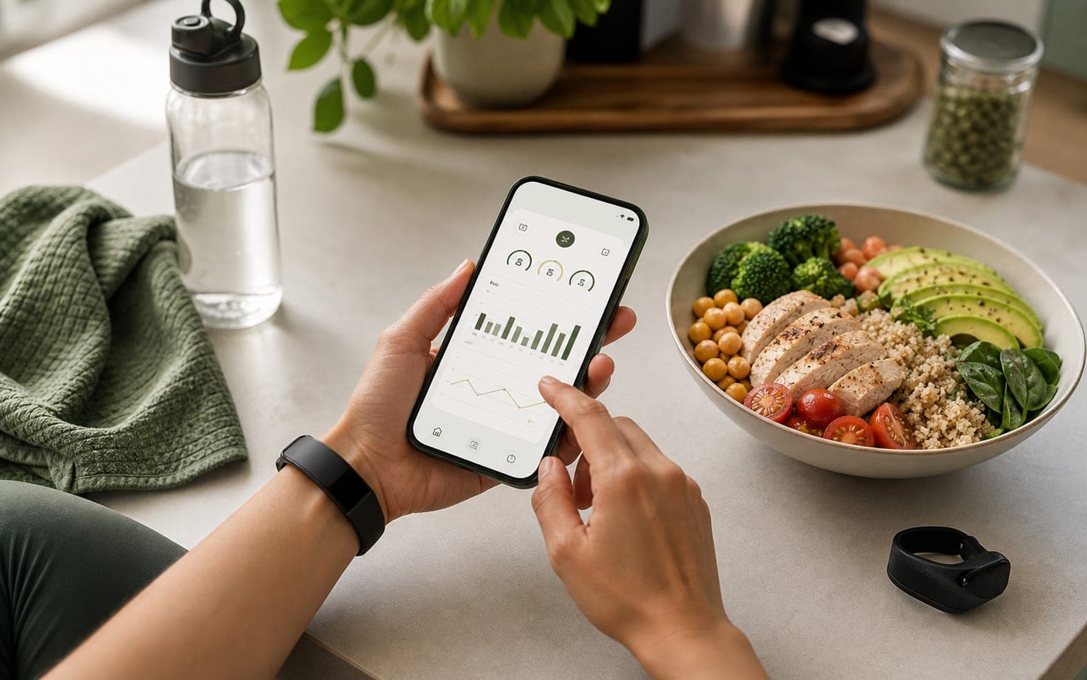 Smartphone con monitoraggio allenamento e pasto sano