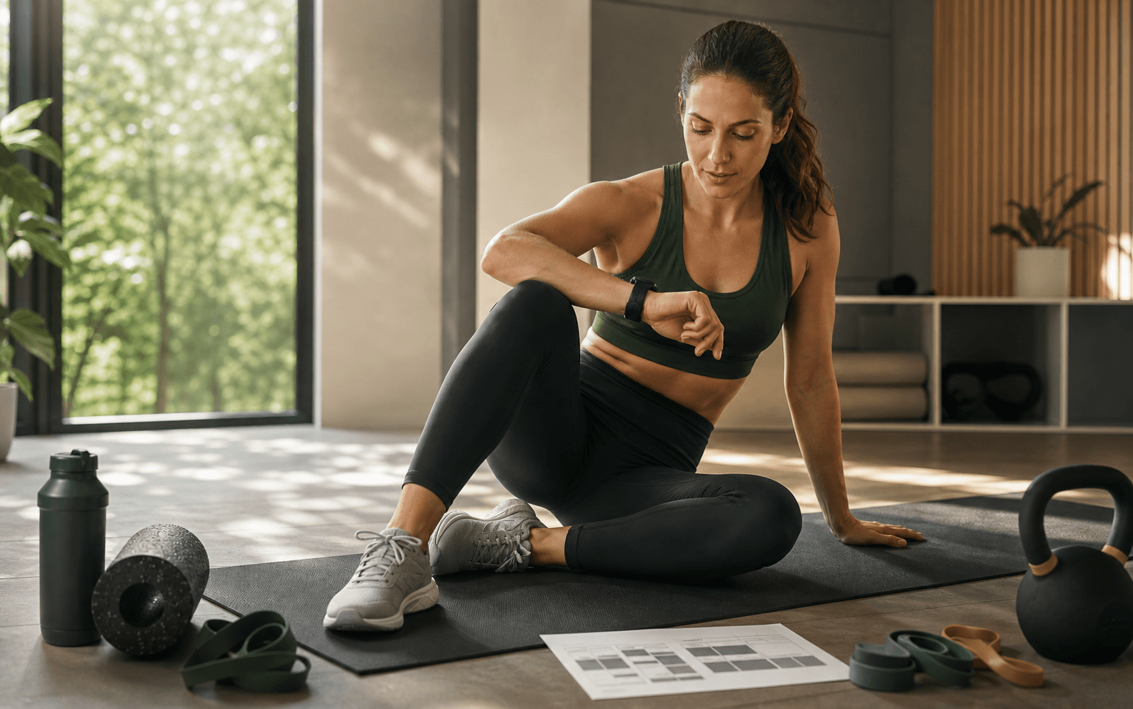 Mobilità e recupero in studio fitness con elastici e foam roller