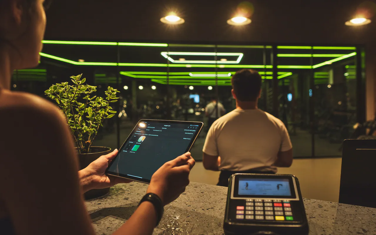 Cliente che firma un documento sul tablet alla reception di un centro fitness