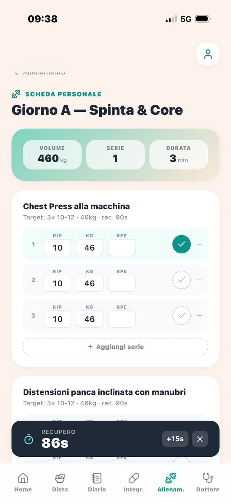 MyDiet allenamento — esecuzione con timer di recupero