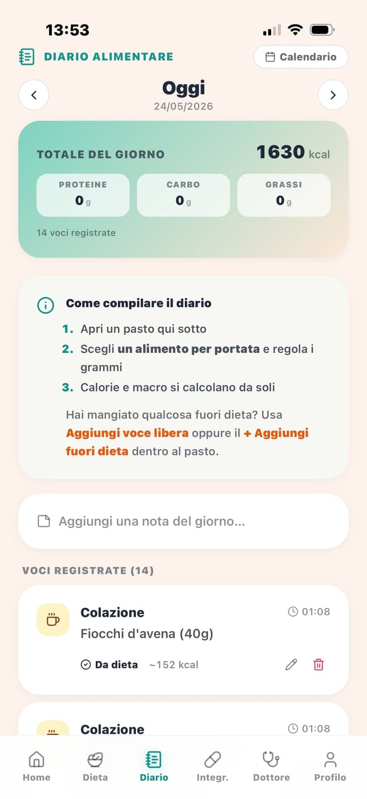 Schermata autentica MyDiet usata per diario e monitoraggio nel tempo