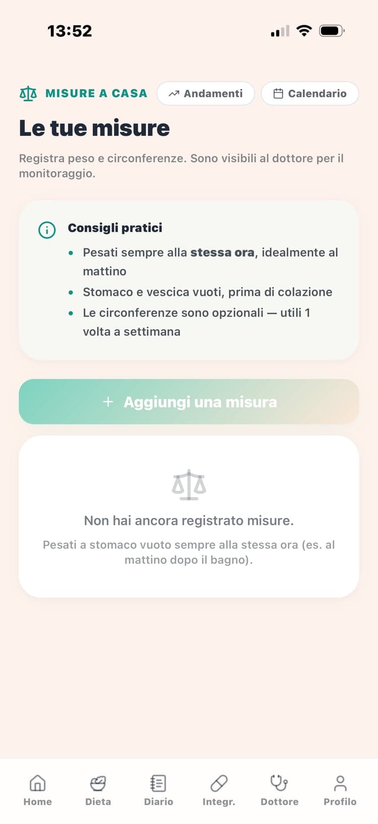Schermata autentica MyDiet dedicata al monitoraggio delle misure