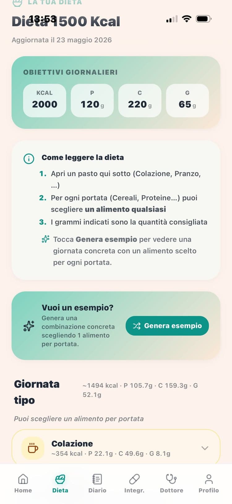 Schermata autentica MyDiet con il piano nutrizionale personale
