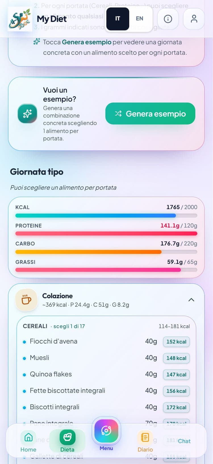 App MyDiet con piano alimentare personalizzato