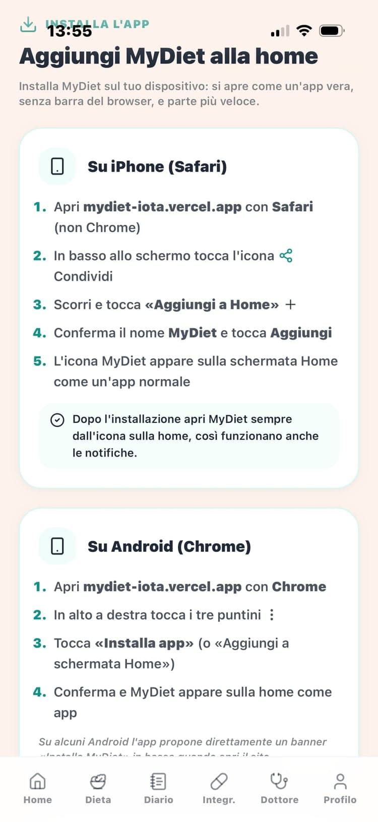 MyDiet — schermata di installazione