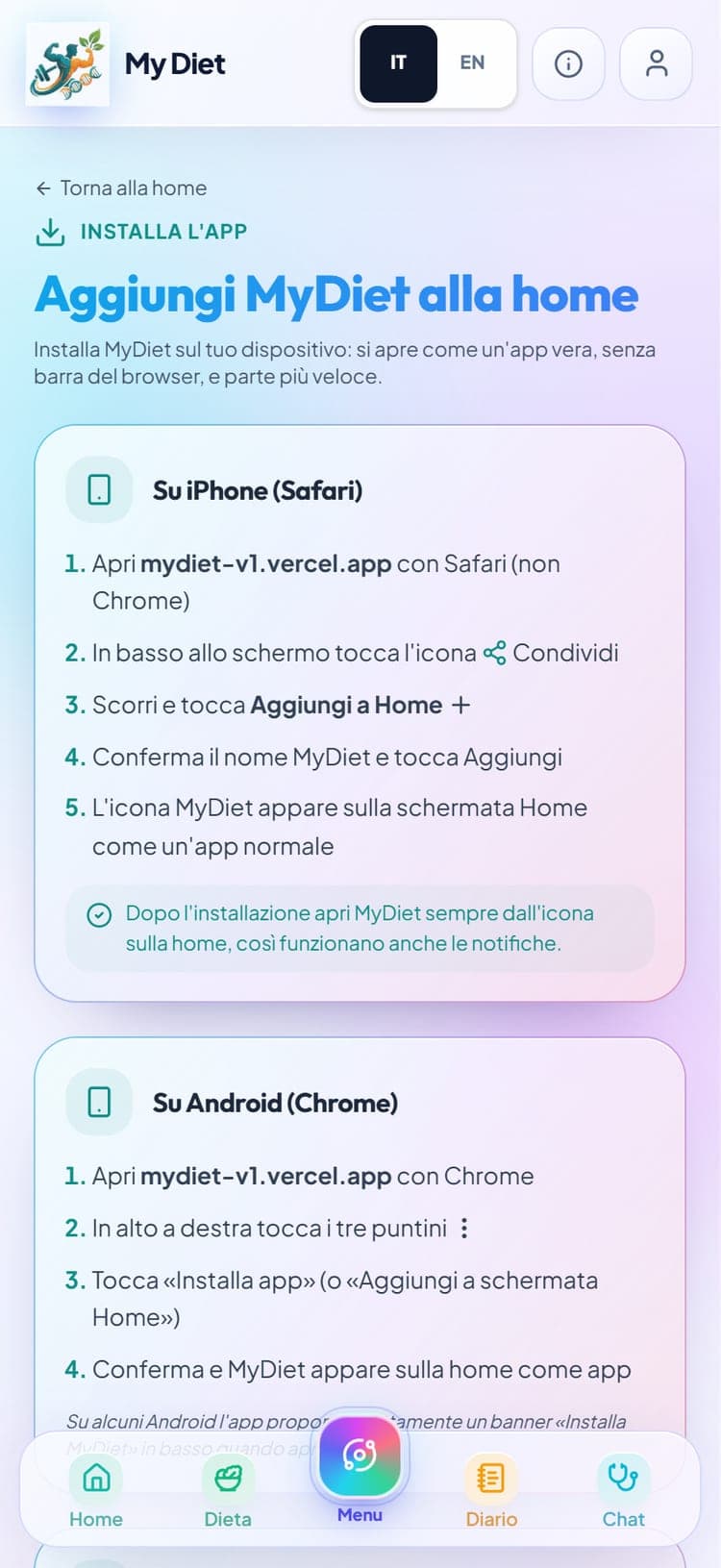 MyDiet — schermata di installazione