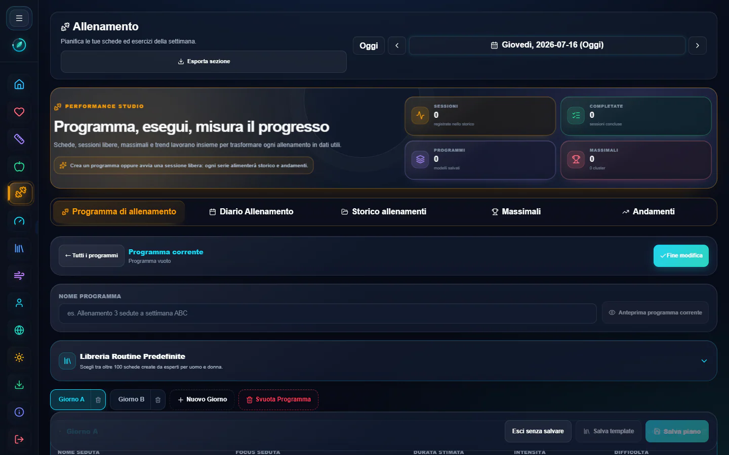 Editor desktop reale di My Diet Plan per creare programmi e sessioni di allenamento personalizzati