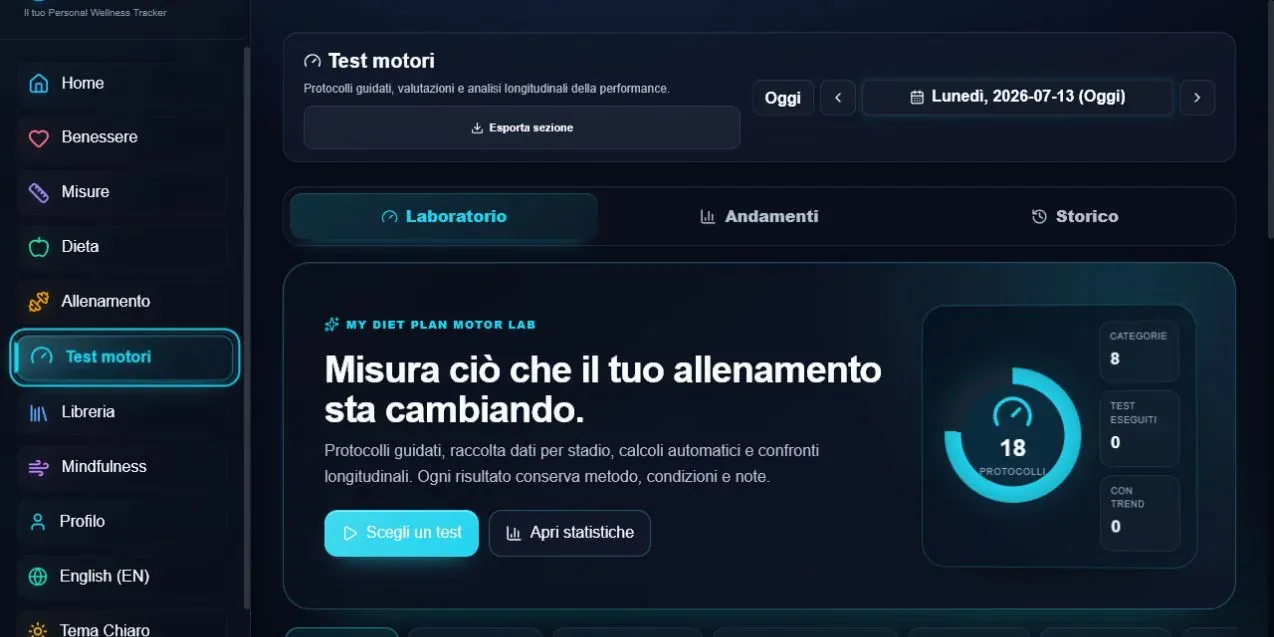 Motor Lab reale di My Diet Plan con 18 protocolli in 8 categorie per valutare le capacità motorie