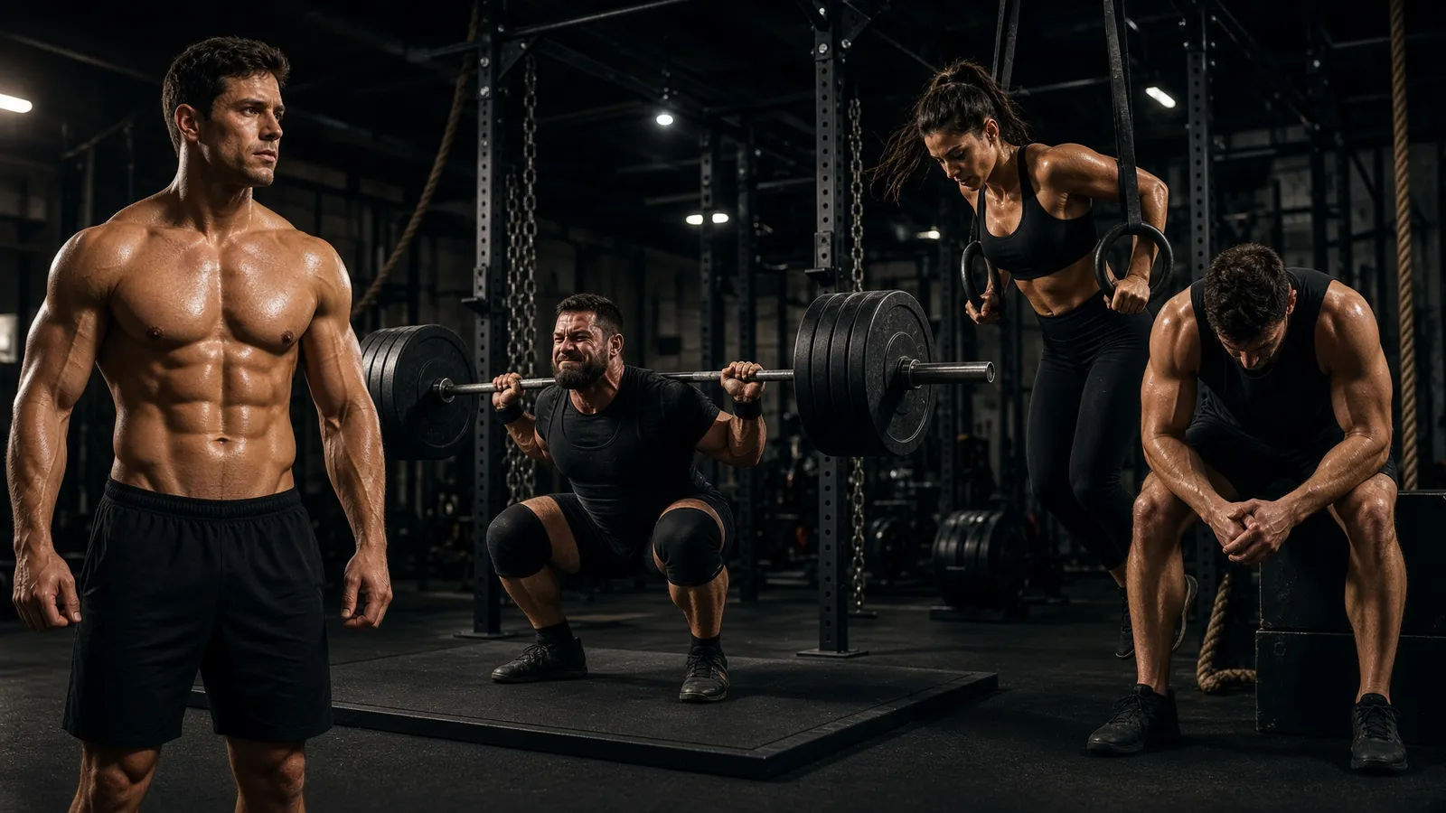 Un bodybuilder, un powerlifter allo squat e un'atleta di CrossFit agli anelli in una palestra